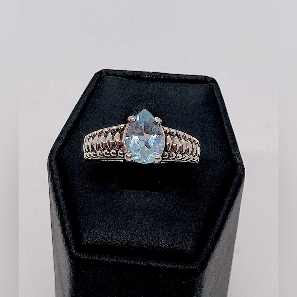 Vtg Sterling & Blue Topaz Pear Teardrop Shaped Stone Rope Design Band | Sz 9.25